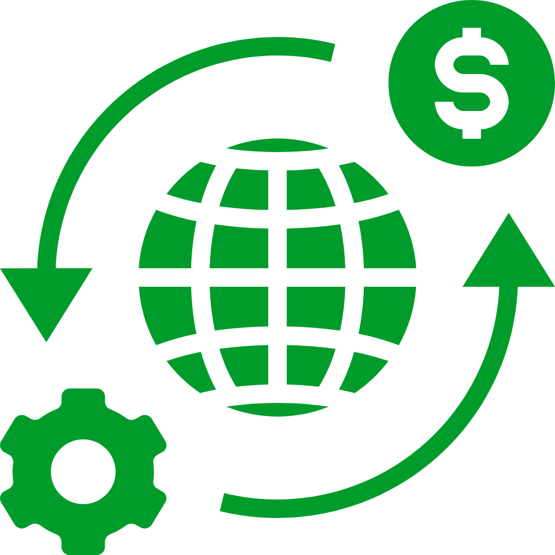 A green icon of the internet with a coin and a gear rotating around it